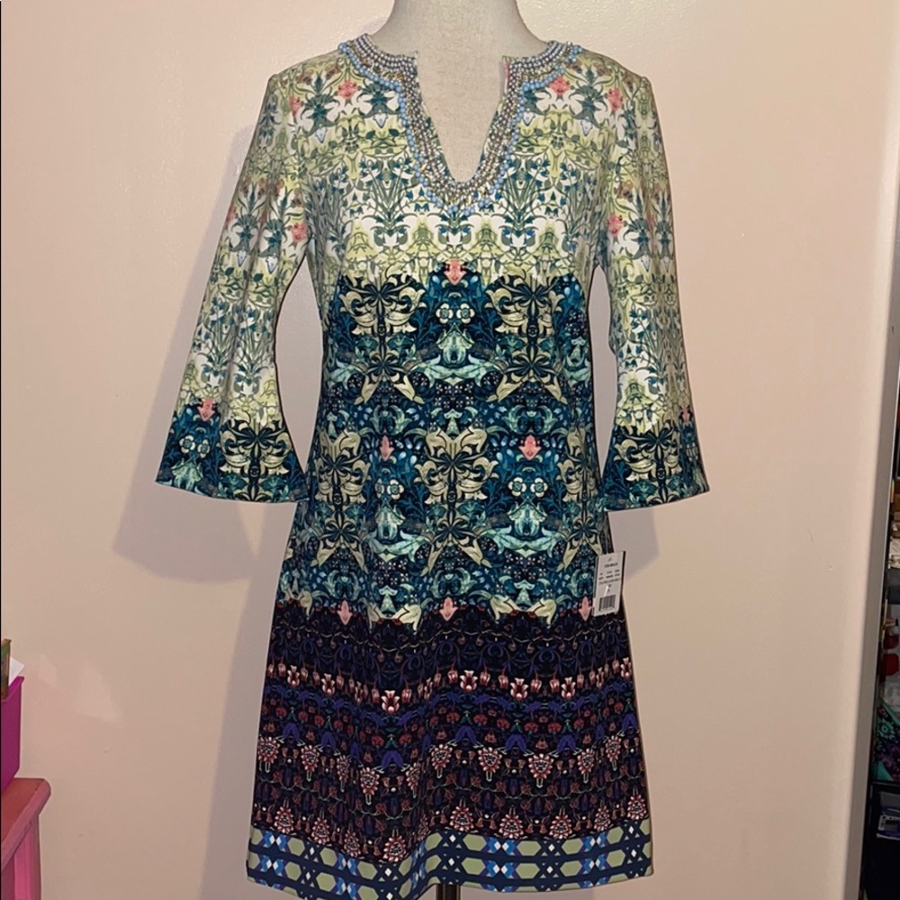 Taylor NWT Green Resort Floral Beaded V Neck Dress 6 Small Coastal Garden Party - Picture 5 of 15